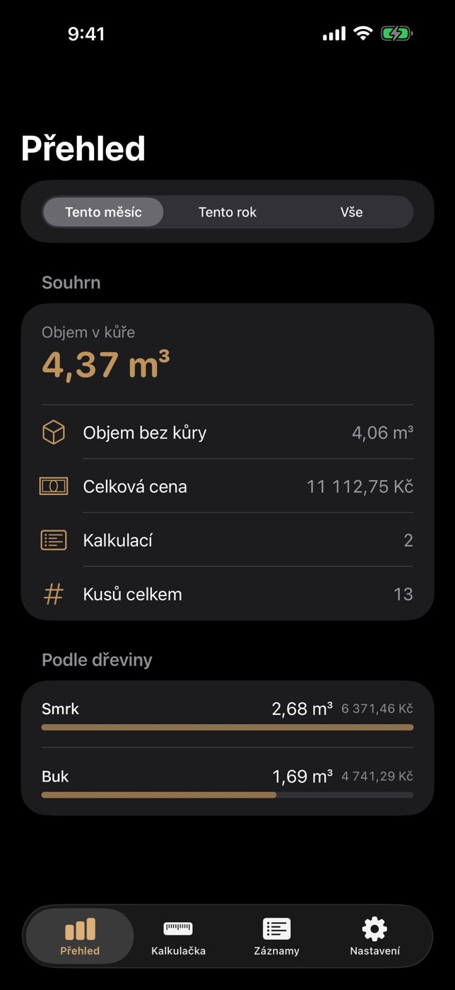 Obrazovka Přehled: objem v kůře 4,37 m³, celková cena a objem podle dřeviny.