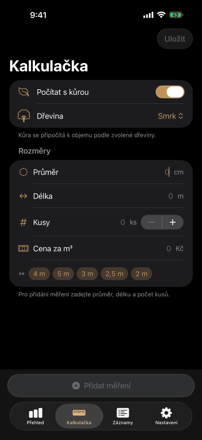 Obrazovka Kalkulačka: pole pro průměr, délku, počet kusů a cenu za m³, přepínač Počítat s kůrou a volba dřeviny.