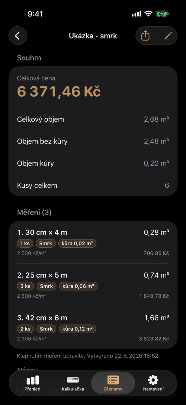 Detail kalkulace Ukázka - smrk: celková cena 6 371,46 Kč, objem s kůrou i bez kůry a tři měření.