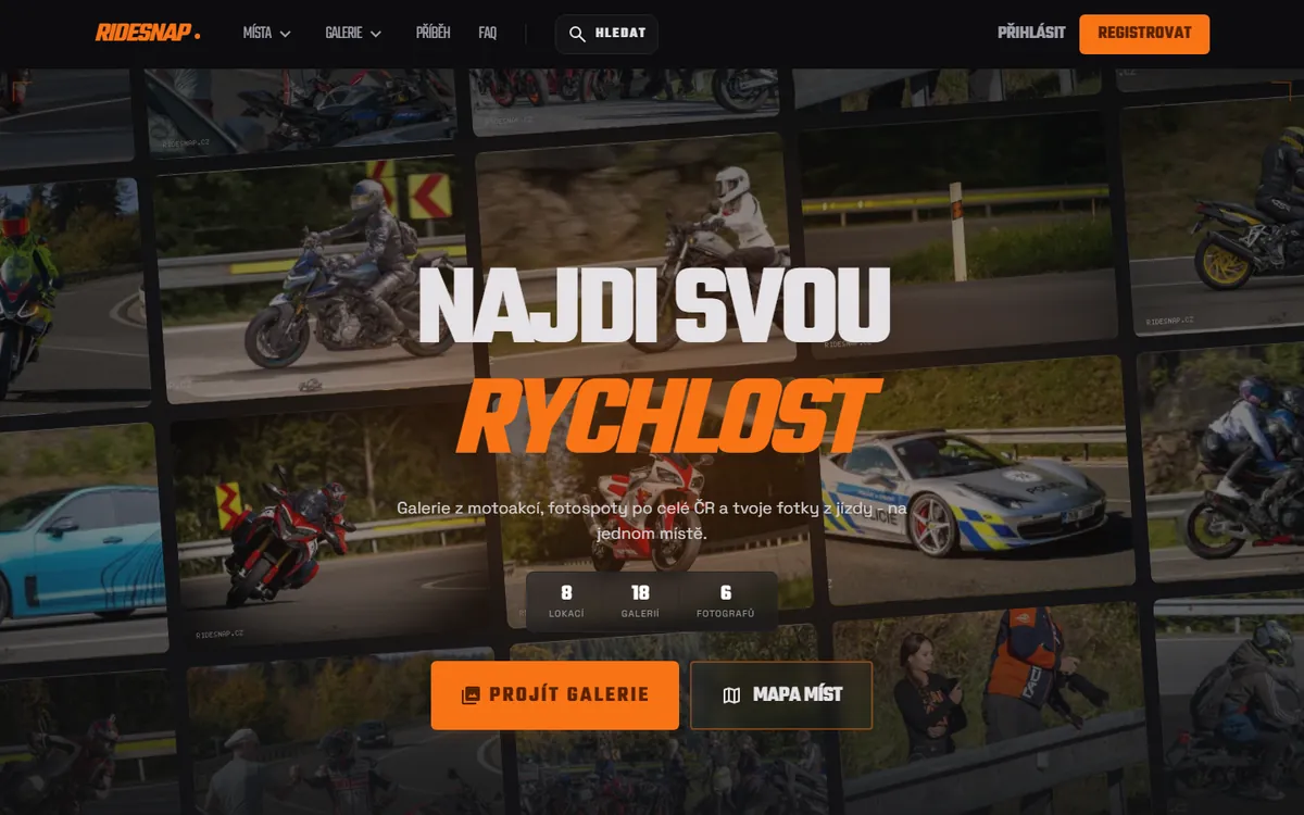 Úvodní stránka webu ridesnap.cz
